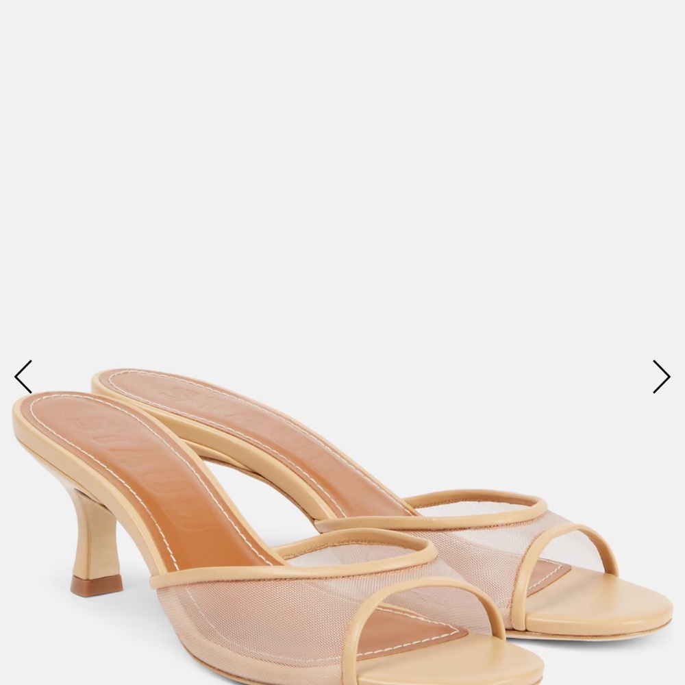 STAUD Brigitte 55 leather-trimmed mesh mules in beige | Size 39 // US 8.5